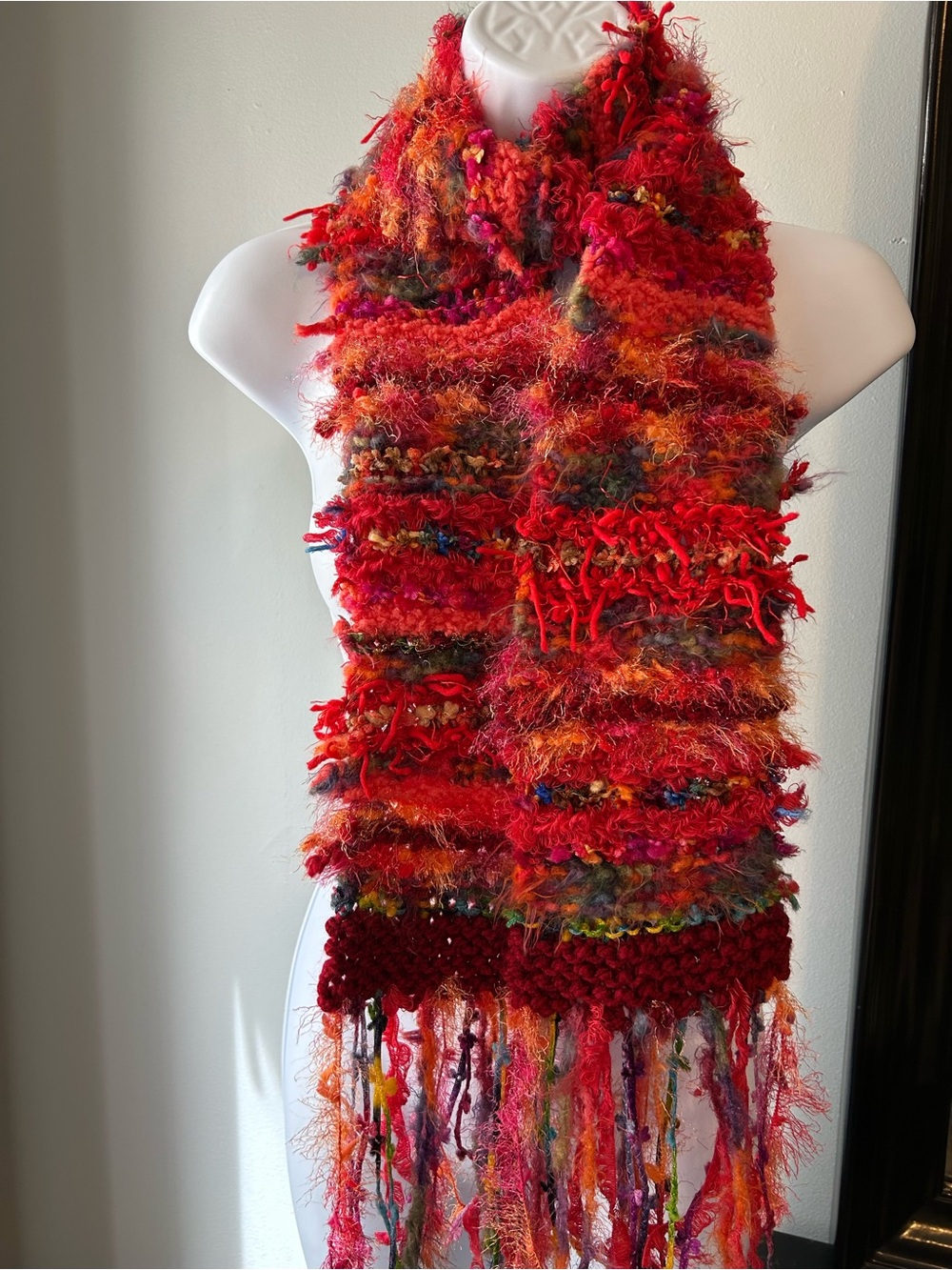 Handmade Red Multicolor Textured Fringe Scarf